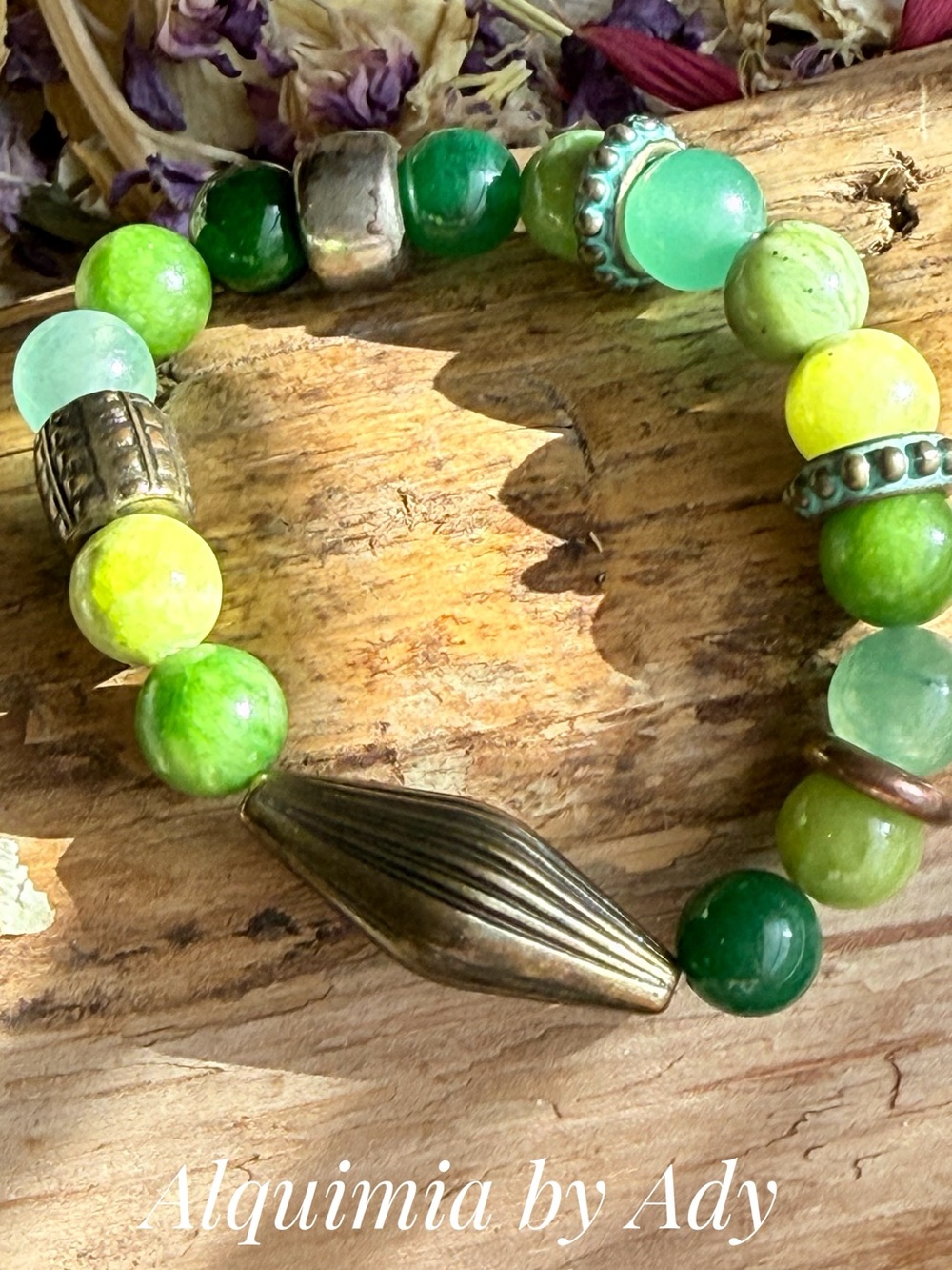 Jade Green and Yellow Mixed Bead Bracelet with Brass Accents